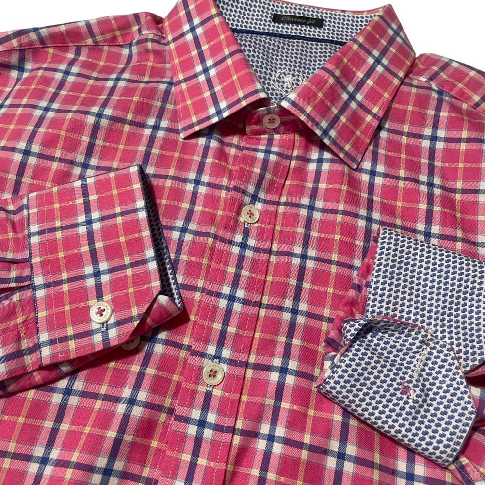 Bugatchi‎ Large (see measurements) Long Sleeve Flip Cuff Classic Fit Pink Plaid
